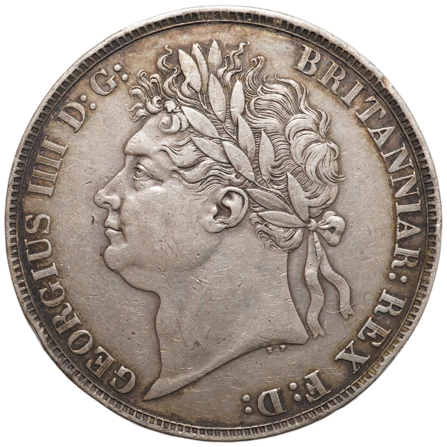 British coins, George IV, silver crown 1821, edge SECUNDO, knocks to edge otherwise VF